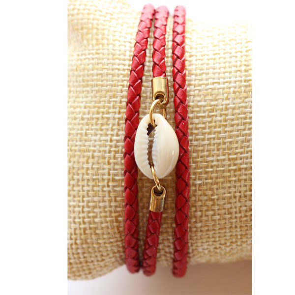 Red Leather Cowrie Wrap Bracelet