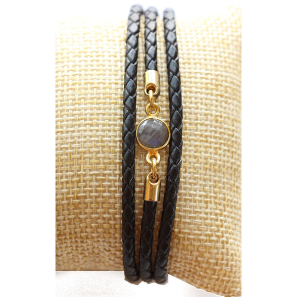 black leather wrap labradorite charm bracelet